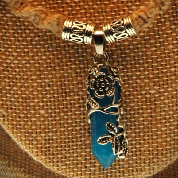 Flower Wrapped Blue Hexagonal Healing Crystal on a Handmade 22" Brown Hemp Chain - Picture 6 of 7